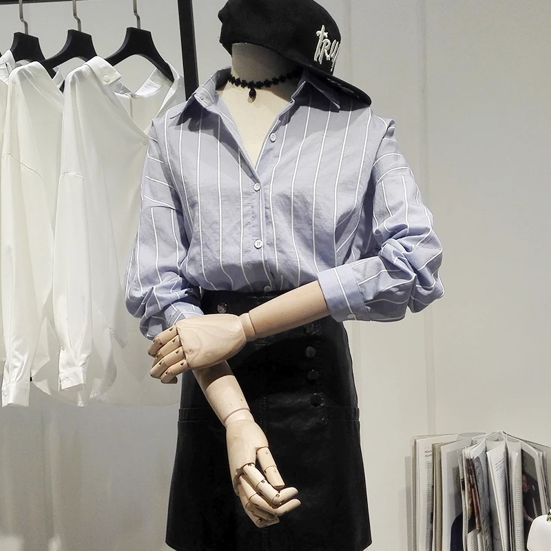 

2019 summer new striped women blouse and shirts v-neck long-sleeved blue office lady elegant shirts outwear tops