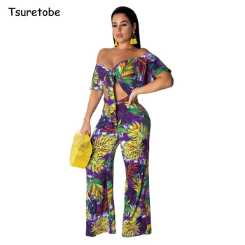 

Tsuretobe Sexy Strapless Floral Printed Two Piece Set Off Shoulder Women Fashion Bandage Crop Top And High Waist Wide Leg Pants