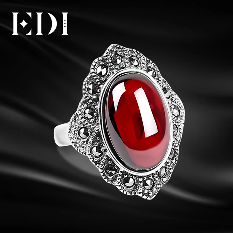 

EDI Women Chalcedony Garnet Ring Retro 925 Sterling Thai Silver Finger Adjustable Rings For Women Personality In Fine Jewelry