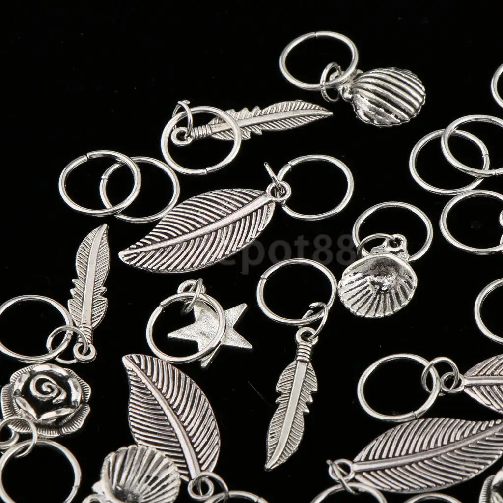 35pcs Hip Hop Silver Hair Braid Rings Hair Loops Clips 6Styles Bulk DIY Hair Accessories - Star Leaf Shell Loop Feather Flower