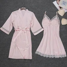 Женское сексуальное сатиновое модное кружевное лоскутное Ночное платье с длинным рукавом, набор ночного платья размера плюс, хлопковая Ночная Рубашка