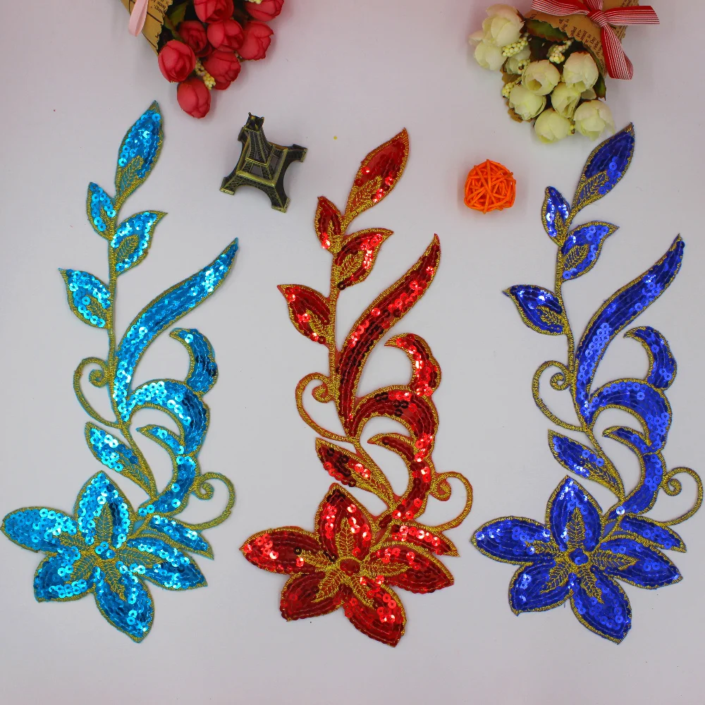 

Iron On Patches Mirror Pair Flower Sequined Appliques Trims Hologram Sequined Diy Dance Accessories Gold And Silver 12.5*31cm