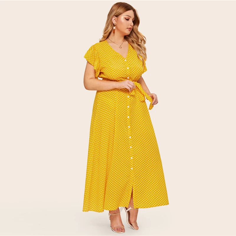 Sheinside Plus Size V Neck Polka Dot Dress Women Summer Flounce Sleeve Shirt Dresses Ladies Button Up Detail Maxi Dress