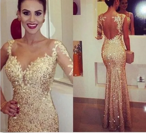 2016 Sexy golden mermaid Long Prom Dresses Formal Evening Party dress Ball Gown