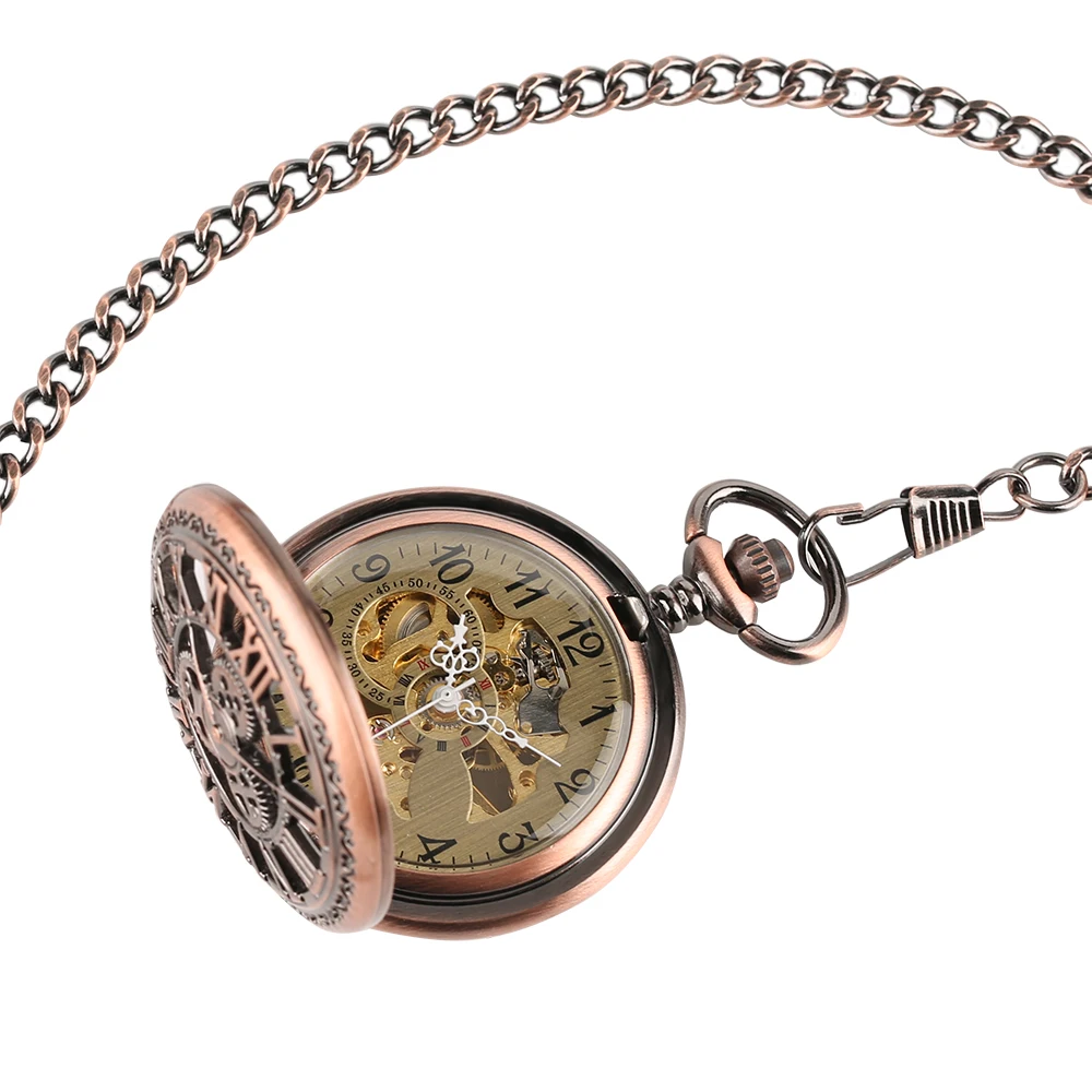 Fob Mechanical Hand Winding Pocket Watches With Chain Steampunk Necklace Gear Hollow Red Bronze Roman Numbers Unisex Watch reloj (1)