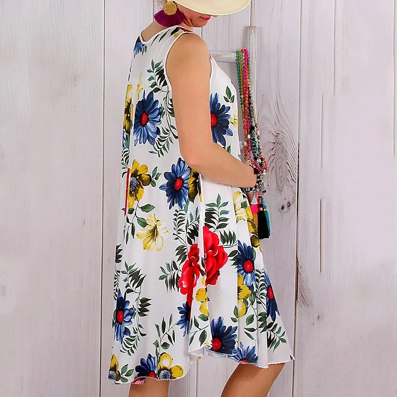 Женская одежда летнее платье без рукавов с круглым вырезом и цветочным принтом свободного размера плюс