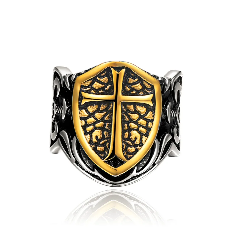 

New Arrival 316L Stainless Steel Shield Cross Biker Ring Punk Rock Men's Titanium Steel Jewelry Christmas Brothers Gift anel