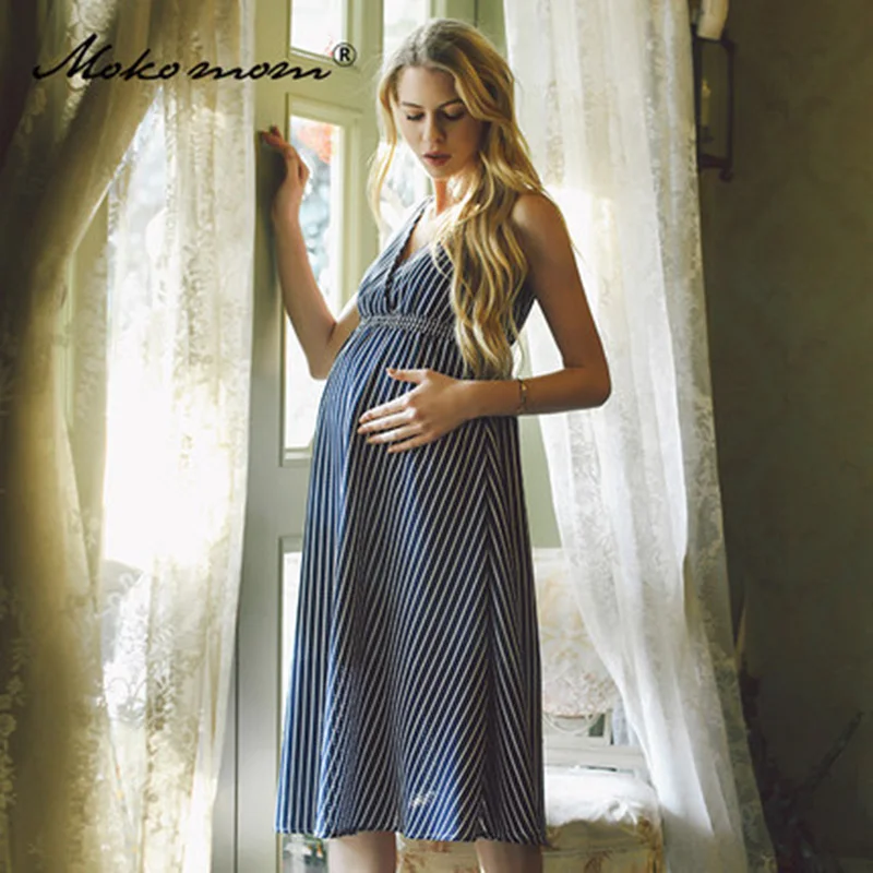 

HI BlOOM 2017 New Fashion Summer Casual Stripped Blue Knee Length Chiffon Maternity Dress Vestidos Clothes For Pregnant Women