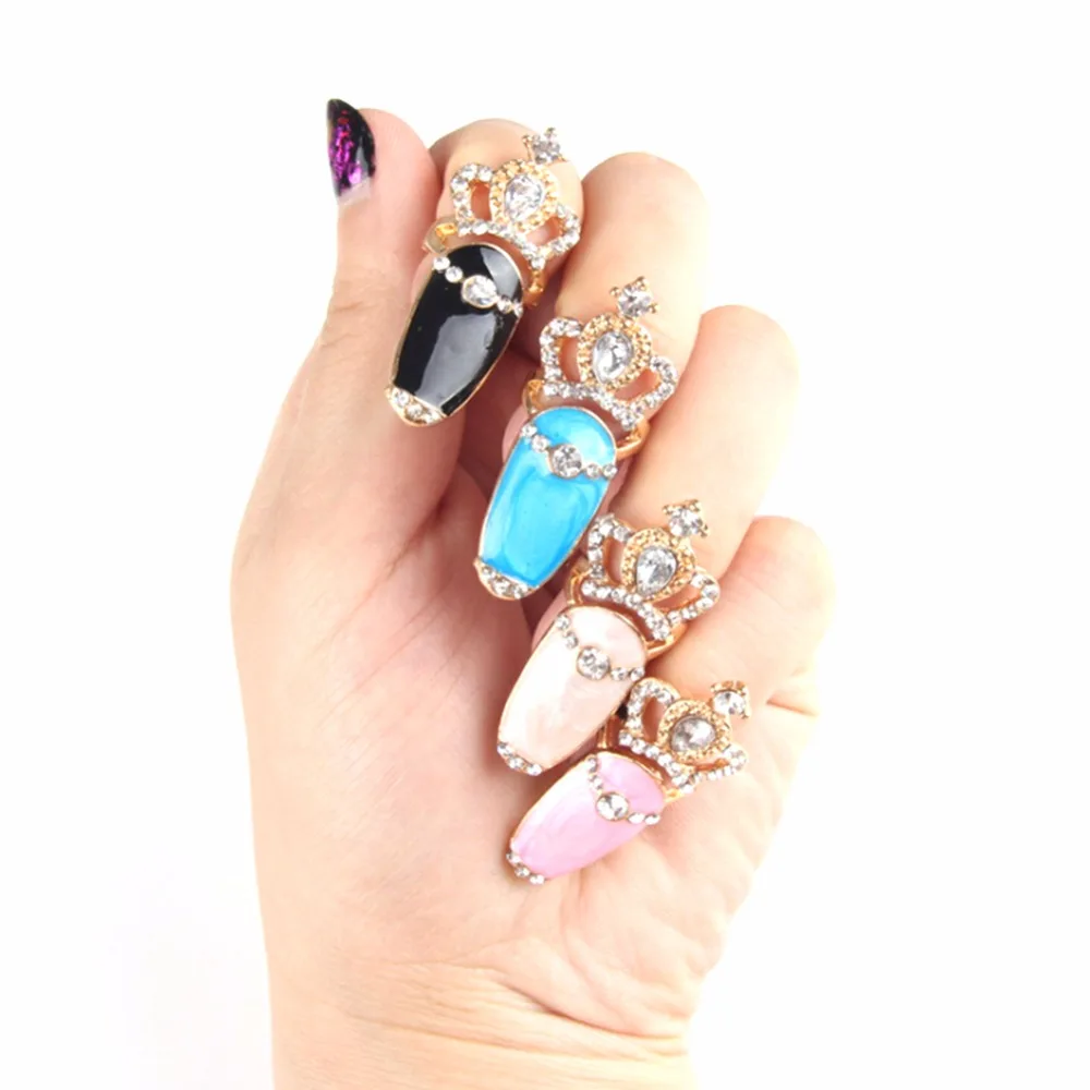 Fatpig Women Enamel Fingertip Rings Crown Rhinestone Above Knuckle