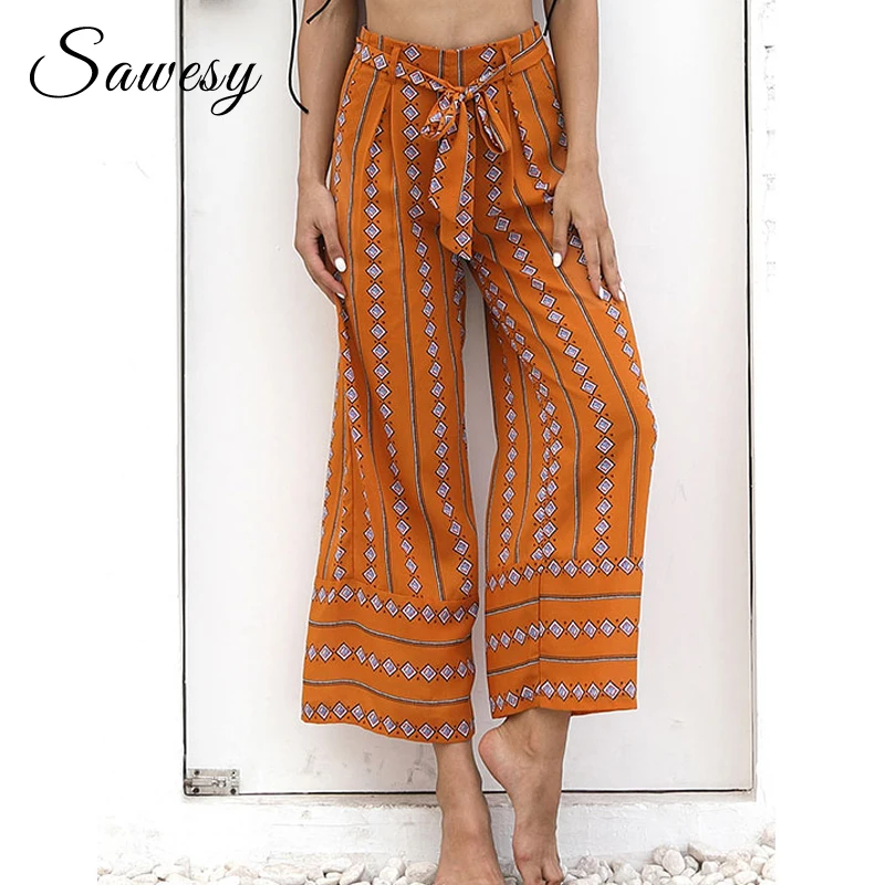 

High Waist Wide Leg Pants Women 2018 New Fashion Printed Ankle-Length Trousers Women Yellow Green Casual Vacation Pants Female