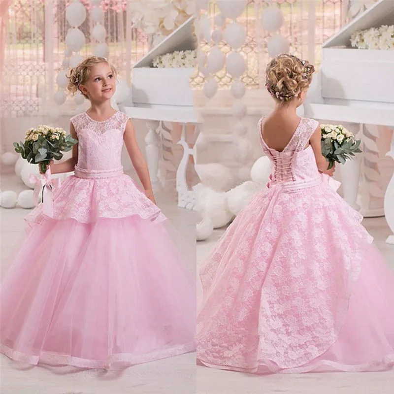

Customized Pink Flower Girl Dresses Lace Kids Christmas Evening Dress Ball Gown Pageant Dress Birthday Party Gown