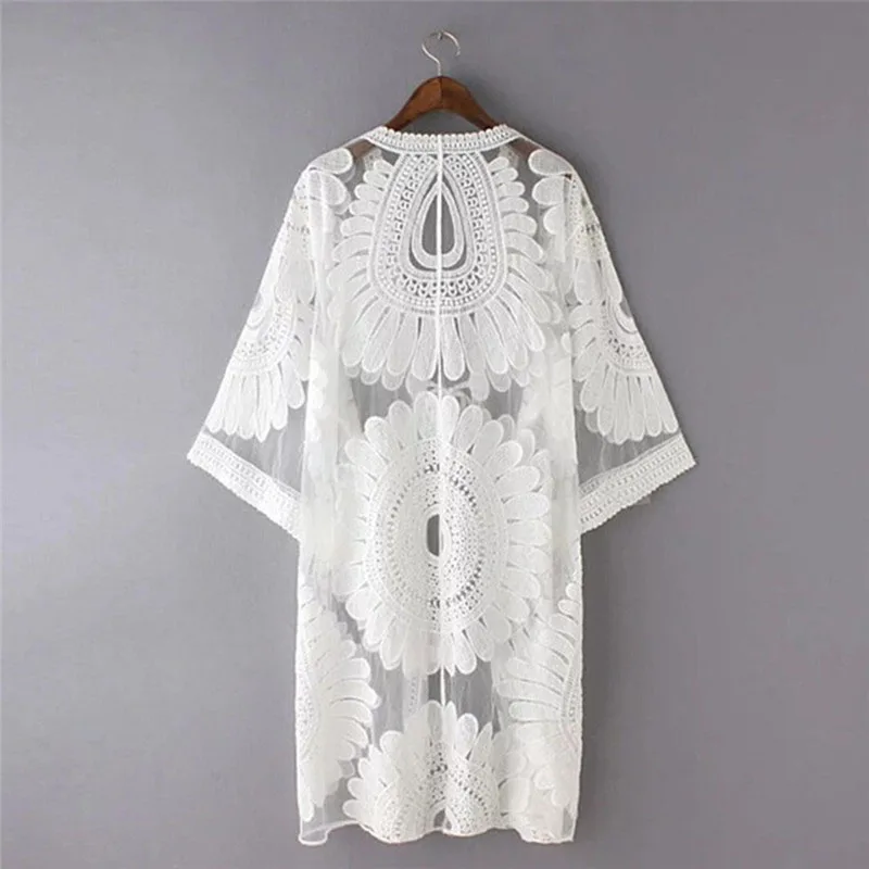 

New Summer Swimsuit Lace Hollow Crochet Beach Bikini Cover Up 3/4 Sleeve Women Tops Swimwear Beach Dress White Beach Tunic Shirt