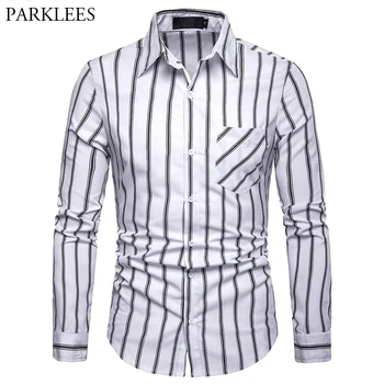 

Fashion Contrast Striped Men Shirt Slim Fit Long Sleeve Dress Shirts Mens Casual Button Down Casual Shirt Male Camisa Social 2XL