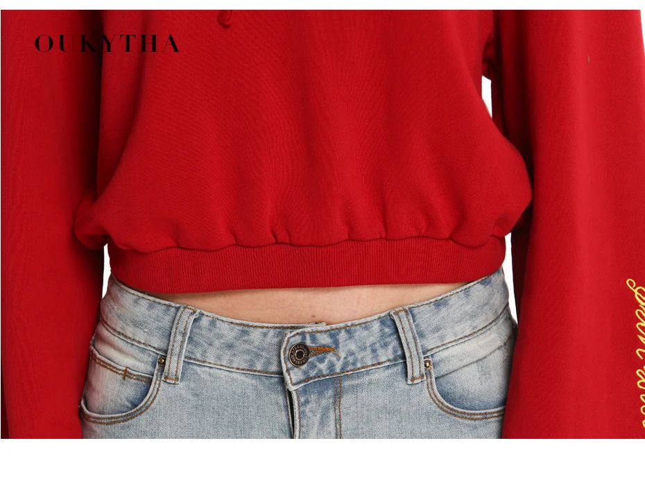 Oukytha осень 2017 г. новые красные толстовки Кофты Свободные; одежда с длинным рукавом Письмо Повседневное Пуловеры со шляпой уличная DZZ172618