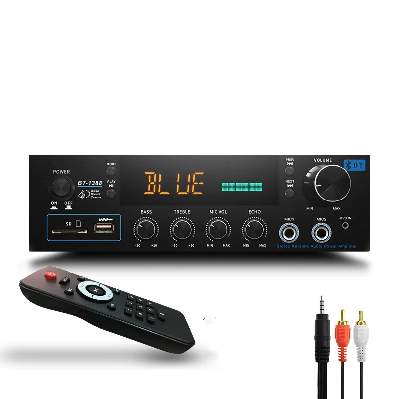 

FM radio U disk SD card microphone reverb 220V 200W+200W 2.0 remote control builtin 4.0 Bluetooth hifi home AV digital amplifier