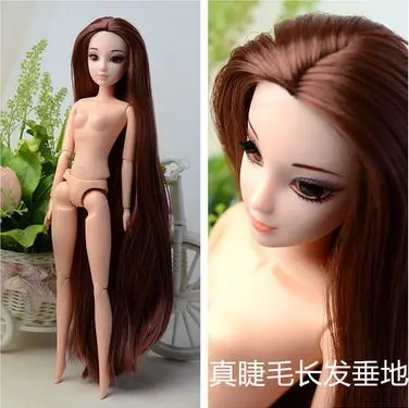 Super Long Brown Stright Hair Doll , Real Eyelash , 3D Eyes Supersize Nude Naked doll /12 Joint Moveable / For DIY Barbie Doll