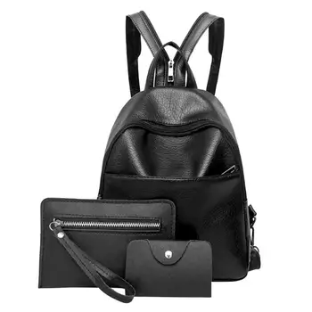 

3pcs/Set Women Black Backpack PU Leather Bookbags School Backpacks for Teenage girls Bagpack Backbag Day Clutch Travel Bag New
