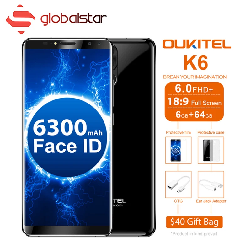 OUKITEL K6 6300 мАч Бэтти Face ID 18:9 6,0 "полный Дисплей 6 ГБ Оперативная память 6 4G B Встроенная память смартфона MT6763 Восьмиядерный 21MP + 13MP 4cams 4G телефон