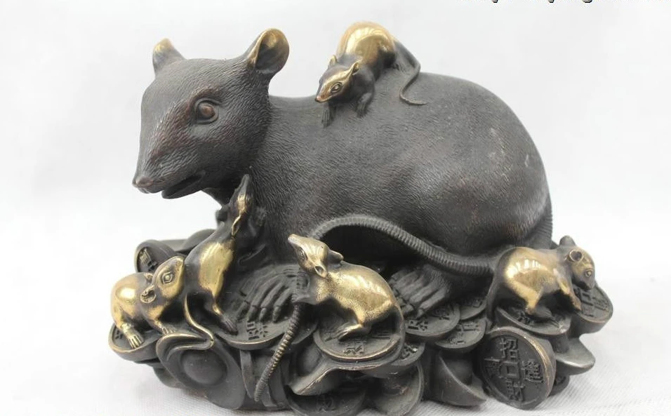 

7"Chinese Fengshui Copper Zodiac Year Lucky Money drawing mouse Statue