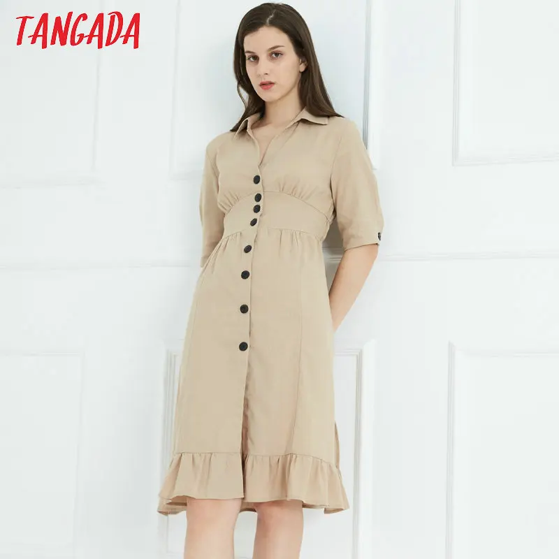 

Tangada fashion women pleated shirt dress summer turn down collar elegant short sleeve tunics dress for female vestidos CE47
