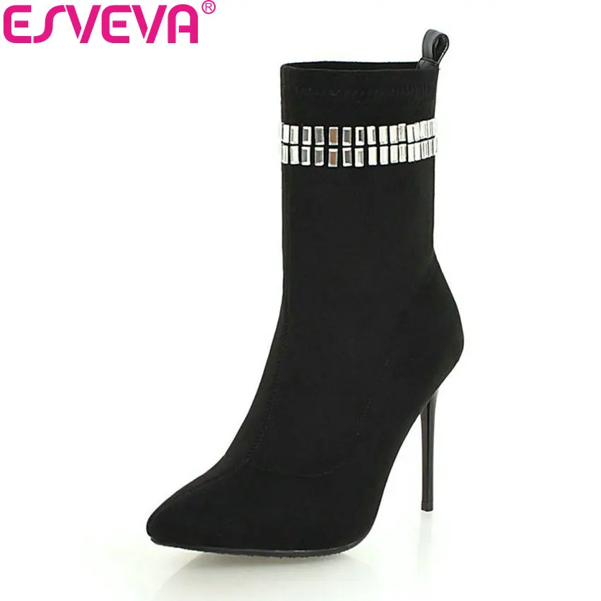 

ESVEVA 2019 Woman Shoes Slip on Crystal Suede Synthetic Ankle Boots Thin High Heels Elegant Women Shoes Pointed Toe Size 34-43