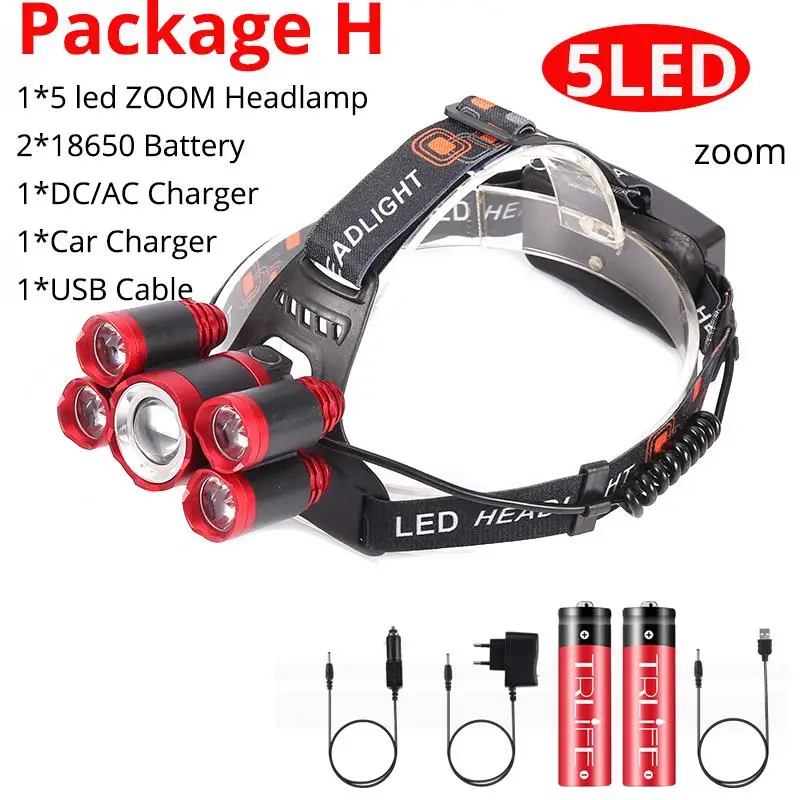 Package H Супер яркий светодиодный налобный фонарь 3* T6 Zoom светодиодный налобный фонарь Фонарь налобный фонарь+ 2*18650 аккумулятор+ AC/Car/USB зарядное устройство - Испускаемый цвет: Package H