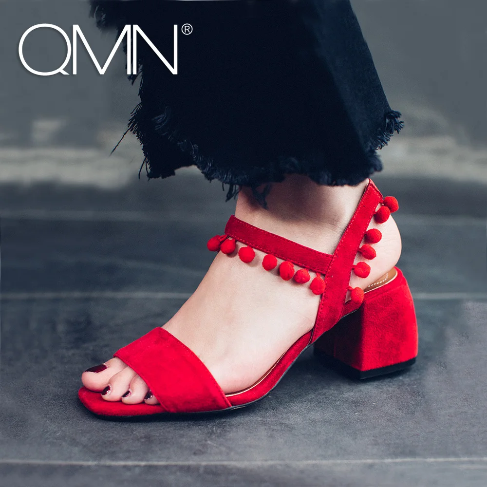 QMN women genuine leather sandals Women Pompom Embellished Ankle Strap Summer Leisure Shoes Woman Natural Suede Sandals 34-39