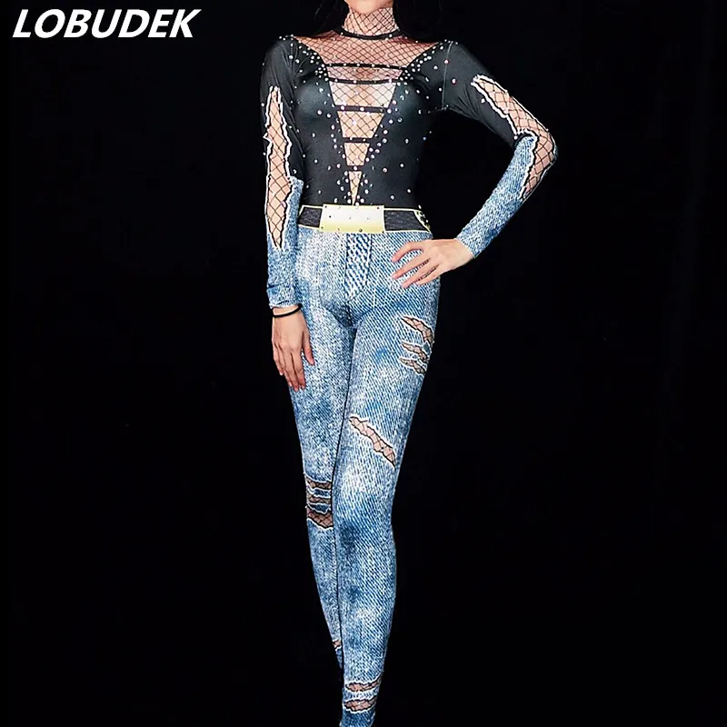 

Sparkly Crystals Printed Elastic Jeans Jumpsuit Skinny Elastic Denim Bodysuit Modern Female Singer Host Stage Wear Party Costume