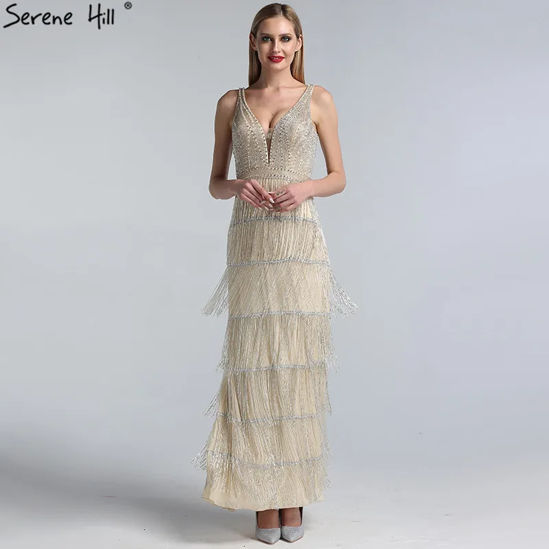 

Dubai Design Champagne Sexy Deep-V Evening Dress Sequined Beading Tassel Luxury Evening Gowns 2019 Serene Hill LA60930