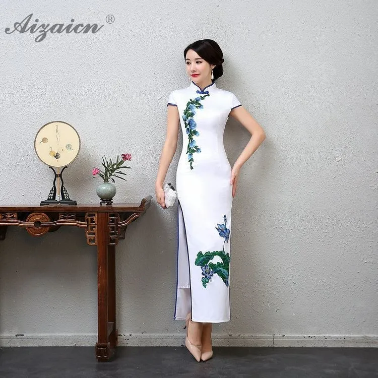 2019 новые белые Cheongsam современные узкие длинные платья плюс размер Qi Pao женское традиционное китайское платье Элегантная Женская Роба в