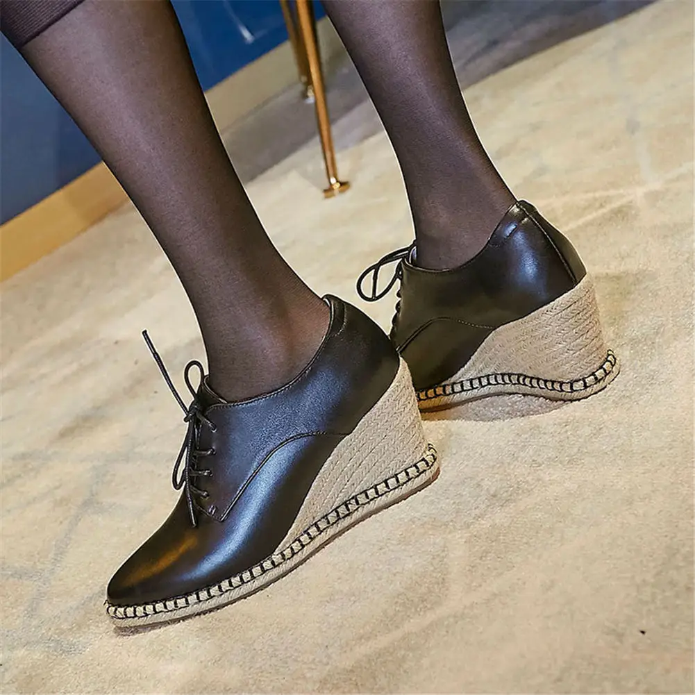 

RIBETRINI Brand Design Genuine Leather Wedges Woman Shoes Girls Lace Up Straw Elegant High Heels Office Lady Shoes Woman Pumps