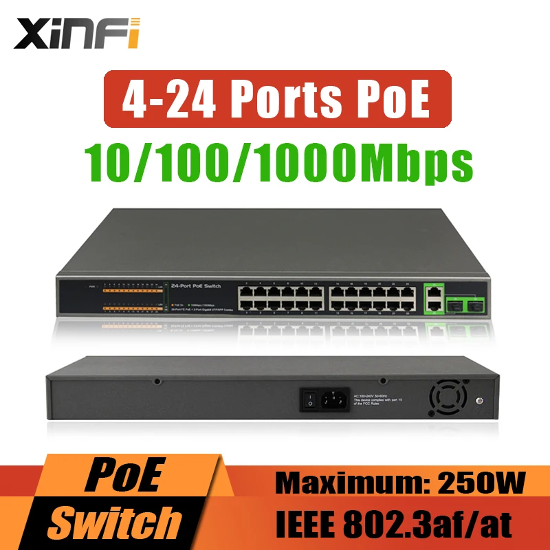 melhor XINFI 48 v switch poe IEEE802.3af Standard Power Over Ethernet 4 8 16 24 Portas gigabit Switch PoE 100 1000 Mbps para o IPC AP gateway VoIP