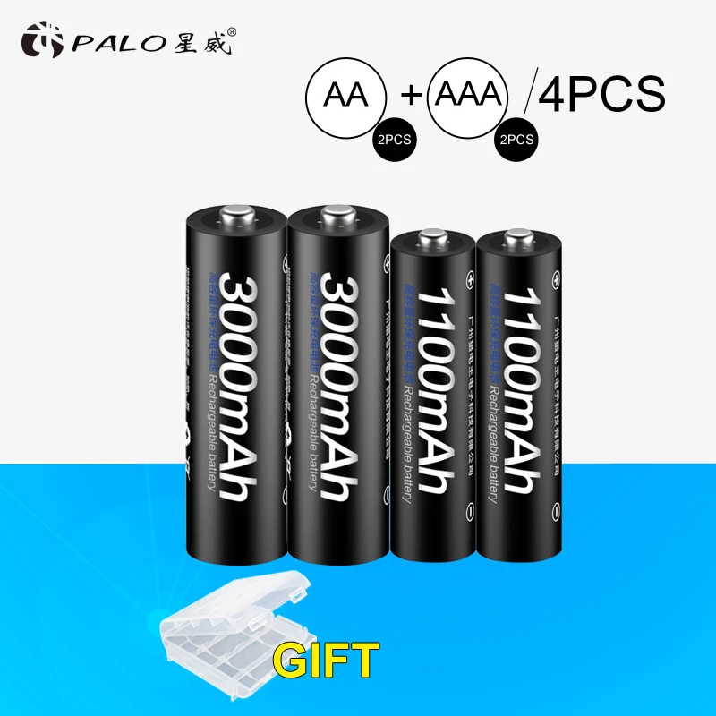 PALO 2 шт. 1 В 3000 мАч AA батареи + 1100 AAA Аккумуляторы Ni MH AA/AAA аккумуляторная батарея