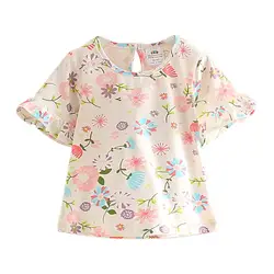 2017 летние шорты-рукавом Женский детская одежда Colurful Цветочный принт для маленьких девочек с расклешенными рукавами футболка