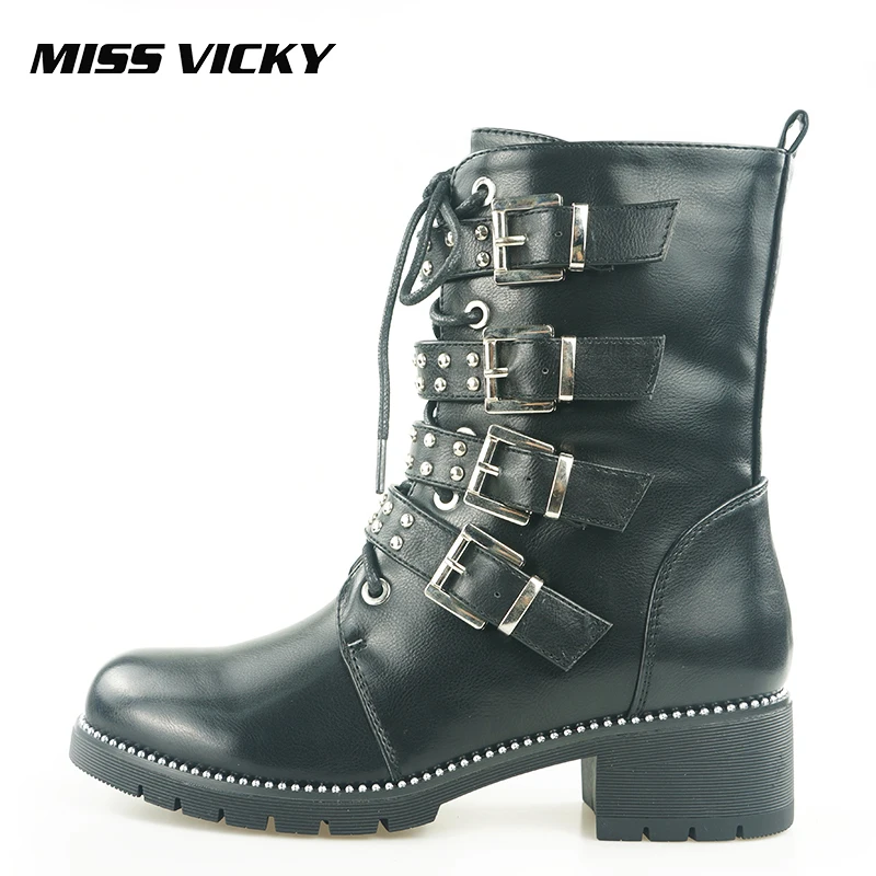 

MISS VICKY Winter Genuine Motorcycle Boots New Black Plush Women's Boots British Style Buckle Half Female Boots