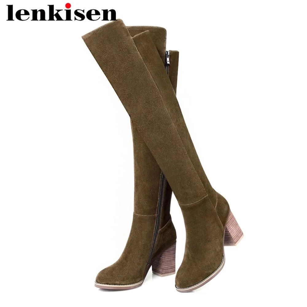 

Lenkisen high quality high heels round toe zipper cow suede plus size warmful winter simple shoes women over-the-knee boots L82