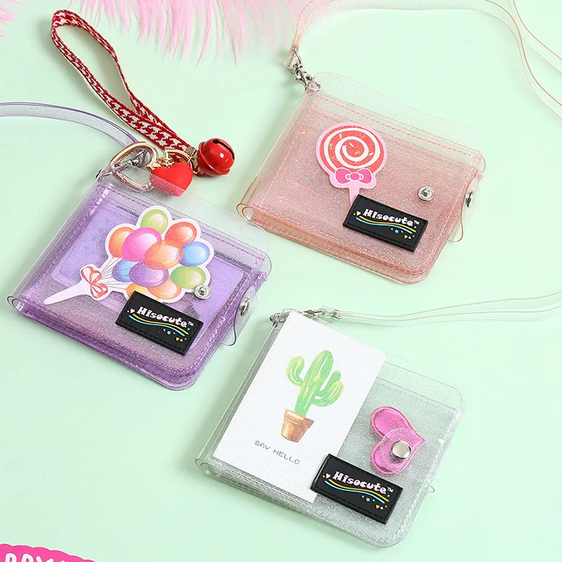 

1PC PVC Transparent ID Card Holder Folding Lanyard Short Card Bag Wallets Fashion Women Girl Glitter Business Card Case New