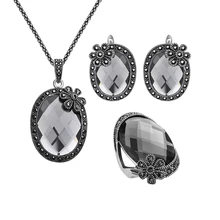 Joyería de moda Vintage Plateado Negro Rhinestone de La Flor Y Facetas Gris Conjunto de Joyas de Cristal Anillo Del Pendiente Del Collar