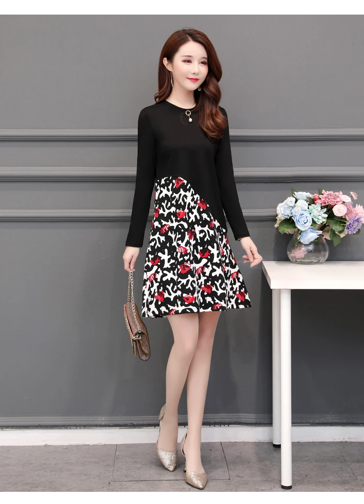 Formal Dress Women Elegant for Work Plus Size 5XL Long Sleeve Floral Patchwork Mom Vintage Women Dresses Knee Length 2019 Robe2