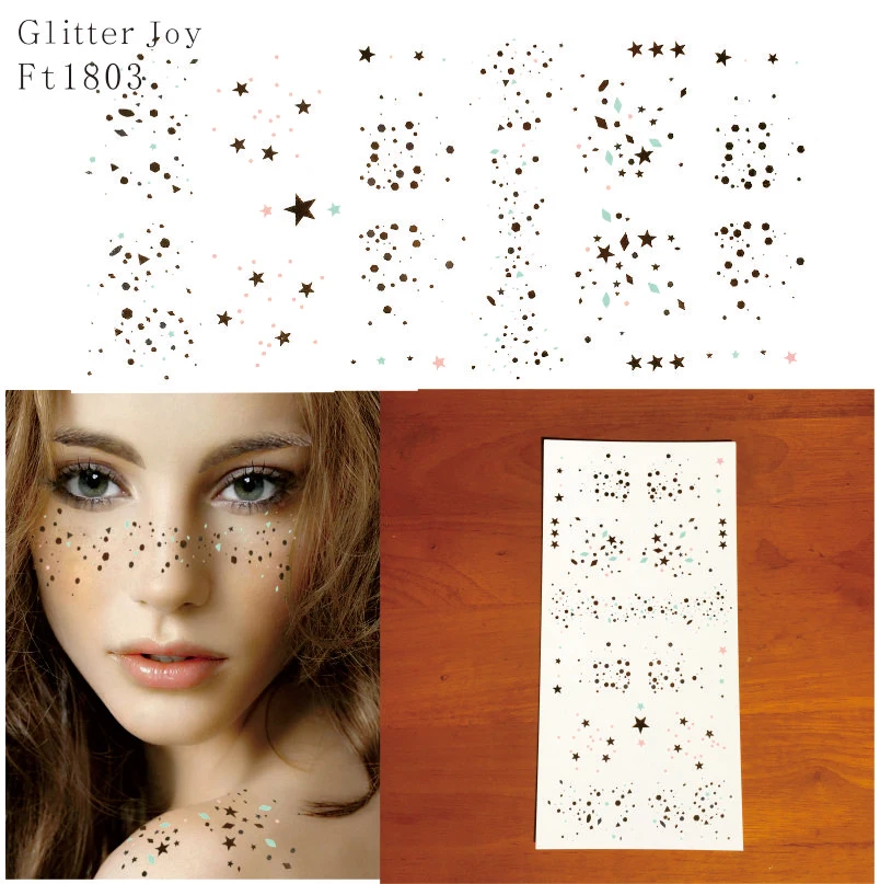 

FT1803 Gold and Silver Scattered Star and Points Glitter Freckles Makeup Tattoo Sticker which is a New Way to wear Glitter