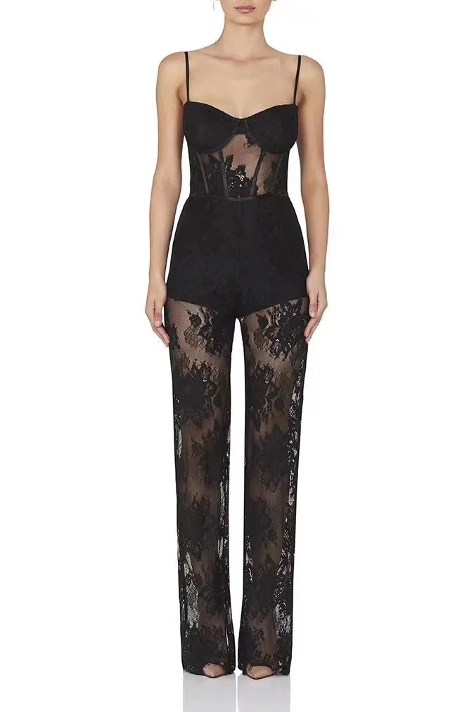 

Spaghetti Strap black pink lace v neck Sleeveless Full Length 2018 Bandage Jumpsuits Top Quality Evening bodycon Party Jumpsuit