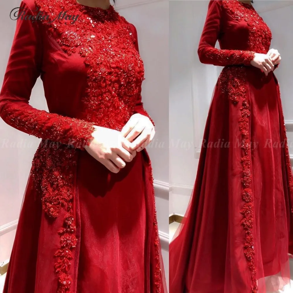Скромные Длинные рукава красные дубайские Вечерние наряды элегантные длинные большие размеры арабские вечерние платья для выпускного вечера женское платье для особых случаев