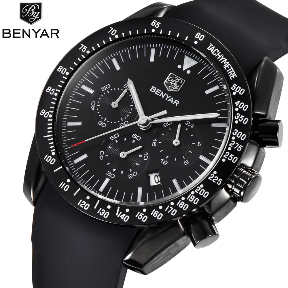 BENYAR Fashion Sport Chronograph Tachymetre Watches Men Rubber Band Waterproof Luxury Brand Quartz Wrist Watch Black Clock Saat 2018 new benyar sport chronograph fashion watches men waterproof luxury brand quartz moon phase watch clock saat dropshipping
