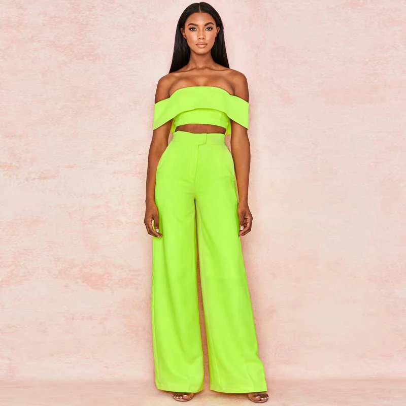 

2019 New Fashion Bright Green Two 2 Pieces Set Women Suit Summer Off Shoulder Sexy Party Jumpsuits Clubwear Wholesale