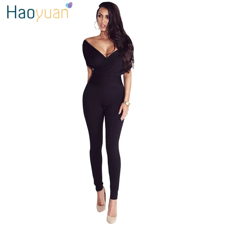 Haoyuan العميق الخامس الرقبة مثير بذلة إمرأة قبالة الكتف نحيل وزرة bakcless القصير 2018 الصيف bodycon ارتداءها الكامل