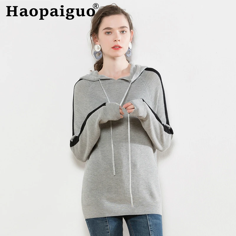 

2019 Autumn Winter Knitted Sweater Women Pullovers Loose Contrast Jumpers Ladies Casual Hooded Sweater Pull Femme Women Clothes