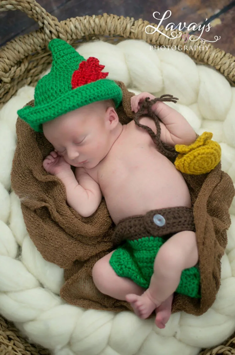 Moeble новорожденных мальчиков вязаные аксессуары для фотографии «Питер Пань» Детский костюм набор Рождество младенческой вязания крючком мультфильм шляпа шапочка год