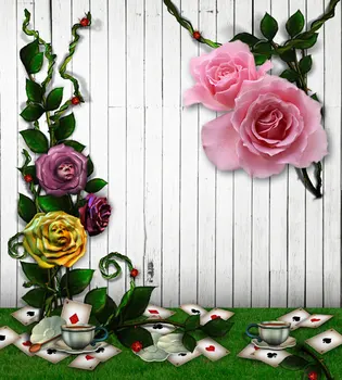 

10x10FT Alice Wonderland Rose Flower Branch Cards White Planks Wall Custom Photography Backdrops Studio Backgrounds Vinyl 3 x 3m
