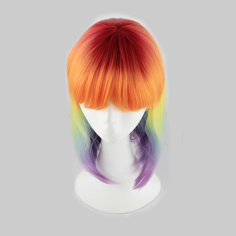 Yiyaobess My Little Pony Средние Длинные Прямые Цветные парики для женщин синтетические волосы Омбре косплей парик цвета радуги с челкой 40 см