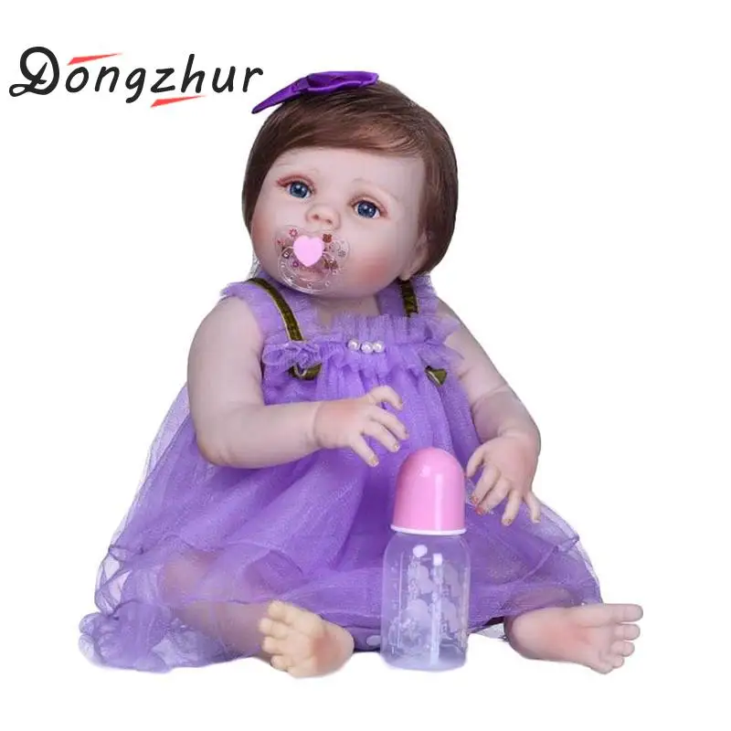 

New 57cm 23inch Reborn Doll Silicone Girl Princess Dolls Lifelike Alive Doll With Purple Dress For Child Bath Shower Bedtime Toy